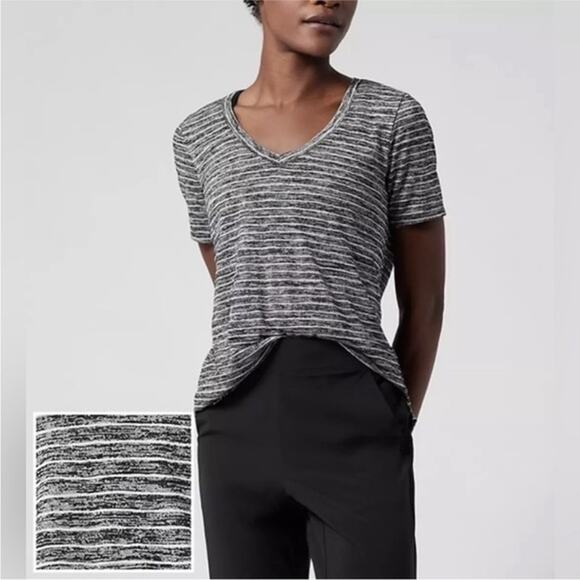 Athleta Essence Women's V-Neck Striped Flow Top Gray TENCEL Modal - Size L - Picture 1 of 8